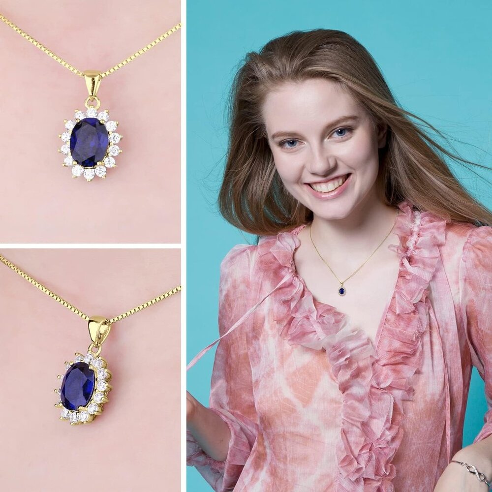 👑 Princess Diana 2.6ct Blue Sapphire Pendant - 14k Gold Plated - Picture 3 of 6